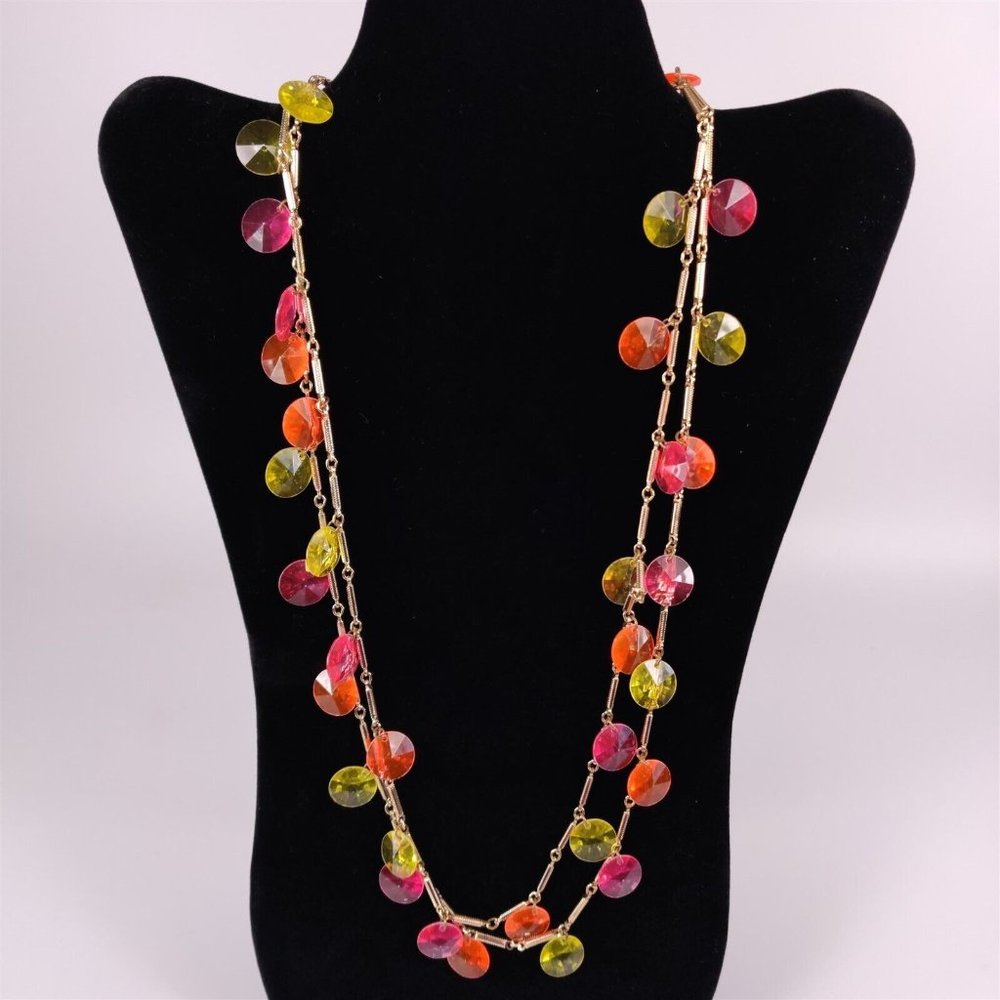 ✅ Vintage MCM Prism Gold Plate Station Chain Necklace Yellow Orange 52" Womens